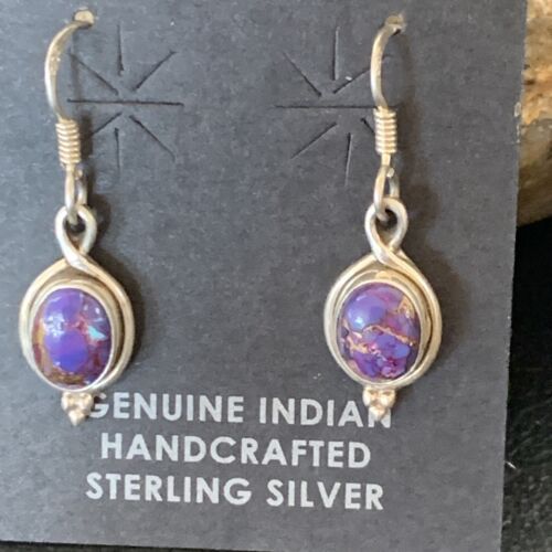 Navajo Purple Turquoise Dangle Inlay Earrings | Sterling Silver | Authentic Native American Handmade | 12683