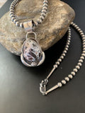 Navajo White Buffalo Turquoise Pendant Necklace | Sterling Silver | Authentic Native American Handmade | 11401