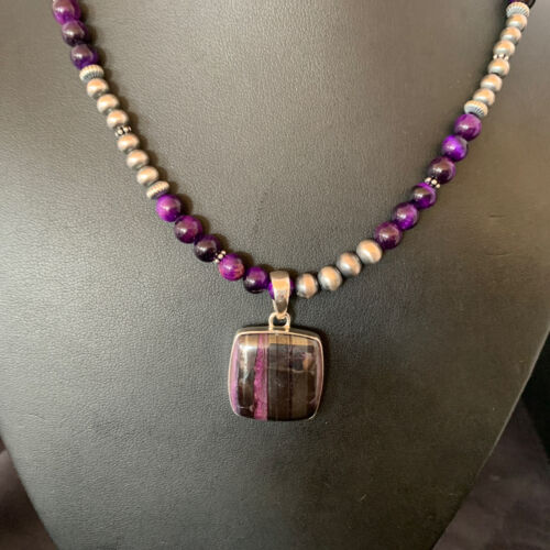 Women's Navajo Pearls Necklace with Purple Sugilite and Onyx Pendant | Sterling Silver | 13393