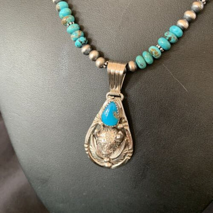Navajo Pearl Necklace with Blue Turquoise Bullhead Pendant | Authentic Native American Sterling Silver | Multi-Stone | 11755