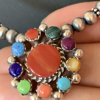 Southwestern Navajo Multi-Stone Necklace | Sterling Silver Coral & Turquoise Pendant | 21" | 12580