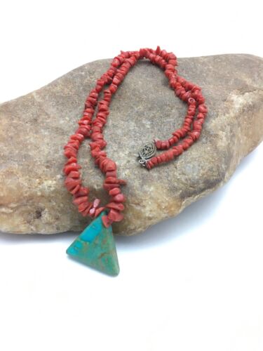 Kingman Turquoise and Coral Pendant Necklace | Sterling Silver | Old Pawn | 19" | 4008