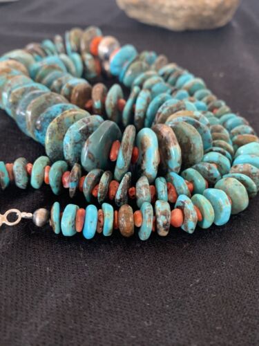 Navajo Pearls Natural Blue Turquoise & Spiny Oyster Necklace | Sterling Silver | Graduated | Authentic Native American | 28" | 00381