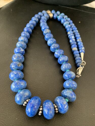 Graduated Blue Denim Lapis Turquoise Necklace | Navajo Sterling Silver | Authentic Native American | 28"