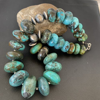 Navajo Pearls Sterling Silver & Chunky Blue Turquoise Graduated Necklace | Authentic Native American | 22" | 1748