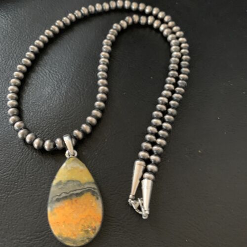 Navajo Yellow Bumblebee Jasper Pendant Necklace | Sterling Silver | Authentic Native American Handmade | 12805