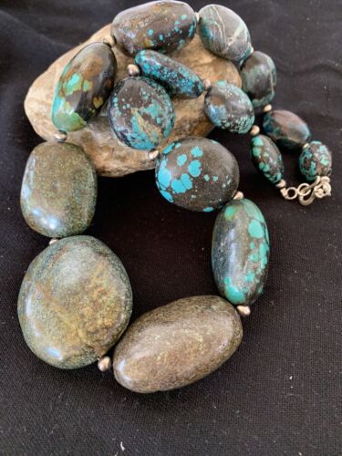 Navajo Graduated Sterling Silver Natural Blue Nugget Turquoise Necklace | Authentic Native American | 23" | 621