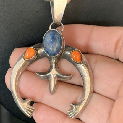 Navajo Blue Lapis Spiny Oyster Pendant Necklace | Authentic Native American Sterling Silver | Naja | 13707 - Masha USA