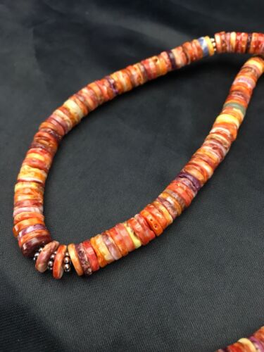 Navajo Orange Heishi Spiny Oyster Necklace Set | Sterling Silver | 22" | Authentic Native American Handmade | 2773