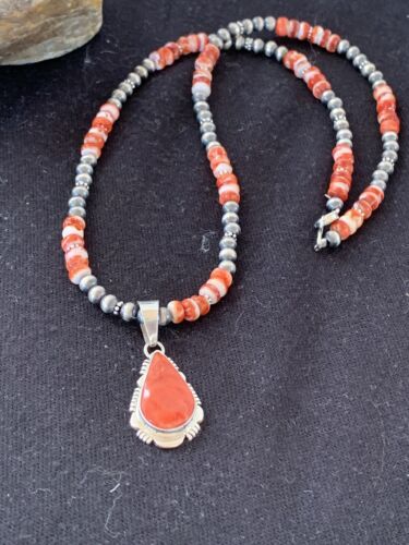 Navajo Red Spiny Oyster Pendant Necklace | Sterling Silver | 20" | Authentic Native American Handmade | 376