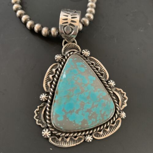 Navajo Pearls Sterling Silver Necklace with Blue Turquoise #8 Pendant | Authentic Native American Handmade | 11311