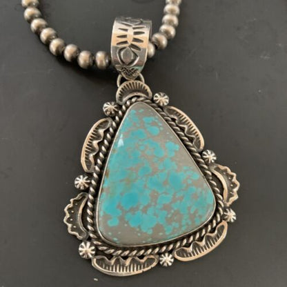 Navajo Pearls Sterling Silver Necklace with Blue Turquoise #8 Pendant | Authentic Native American Handmade | 11311