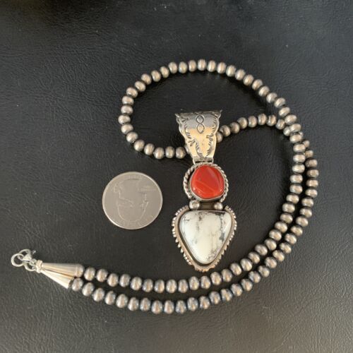Navajo White Buffalo Turquoise Coral Pendant | Sterling Silver | Multi-Stone Necklace | 13578