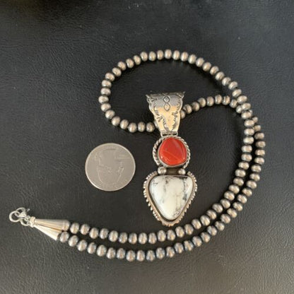 Navajo White Buffalo Turquoise Coral Pendant | Sterling Silver | Multi-Stone Necklace | 13578