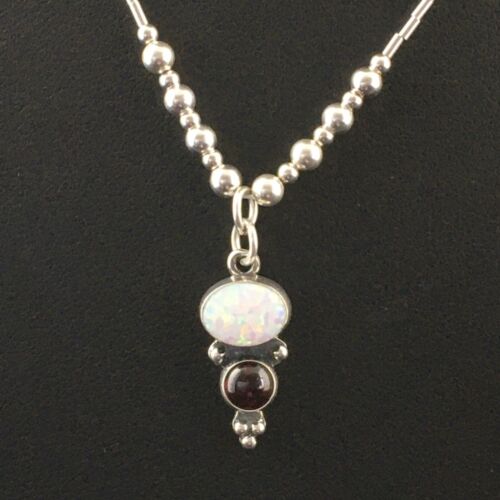 Children's Sterling Silver Necklace with Opal Garnet Pendant | 15" | Authentic Native American Handmade | 10132