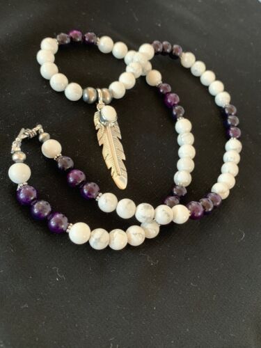 Men's Sugilite Beads Necklace with White Buffalo Pendant | Sterling Silver | Native American Handmade | 2557