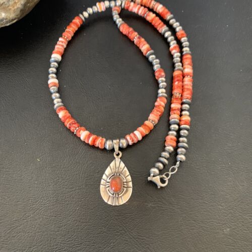Navajo Pearl Necklace with Red Apple Coral & Spiny Oyster Pendant | Sterling Silver | 12373