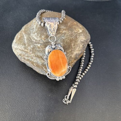 Navajo Pearls Necklace with Orange Spiny Oyster Pendant | Sterling Silver | Authentic Native American Handmade | 14723