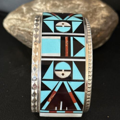 Zuni Sun Face Cuff Bracelet | Blue Turquoise & Coral Inlay | Sterling Silver | 14587