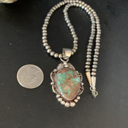 Men's Navajo Green Royston Turquoise Pendant Necklace | Sterling Silver | Authentic Native American Handmade | 13662 - Masha USA