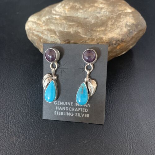 Navajo Sterling Silver Dangle Leaf Earrings | Purple Sugilite & Blue Turquoise | Handmade 13453