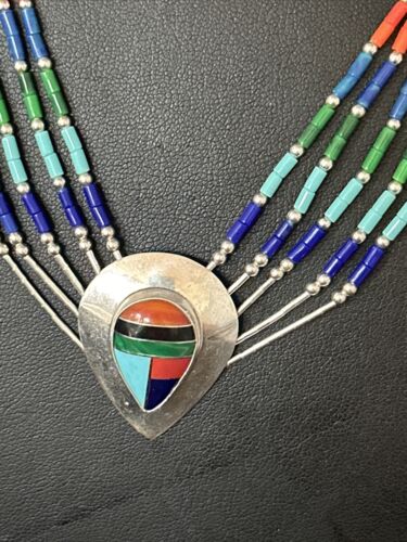 Multi-Color Liquid Silver Heishi 5-Strand Necklace | Sterling Silver Pendant | Native American Handmade | 14824 - Masha USA