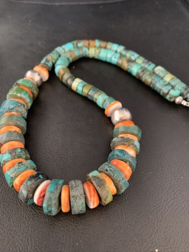 Men's XL Turquoise Heishi & Spiny Oyster Bead Necklace | Sterling Silver | 23" | Authentic Native American | 13977