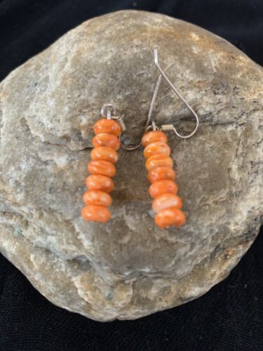 Native American Navajo Orange Spiny Oyster Bead Earrings | Sterling Silver | 13057