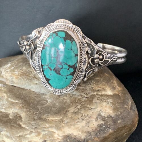 Native American Men's Blue Spiderweb Turquoise Cuff Bracelet | Sterling Silver | 14134