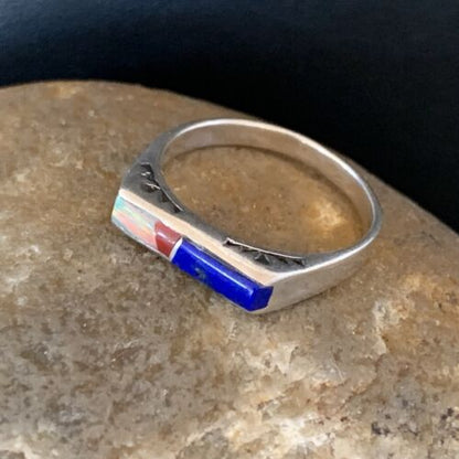 Navajo Opal Blue Lapis Red Coral Inlay Ring | Sz 7 | Authentic Native American Handmade | 11140