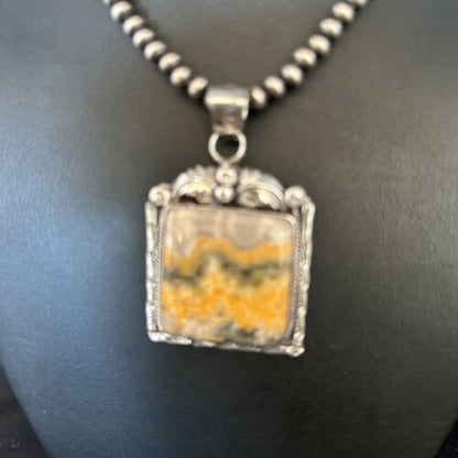Navajo Bumblebee Jasper Pendant Necklace | Canary Yellow | Sterling Silver | Authentic Native American Handmade | 14249