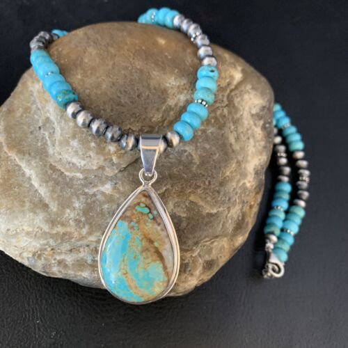 Navajo Blue Turquoise Pendant Necklace | Sterling Silver | Authentic Native American Handmade | 13828