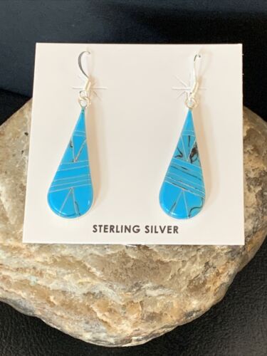 Navajo Sterling Silver Blue Turquoise Inlay Dangle Drop Earrings | 1.5" | Authentic Native American Handmade | 12311