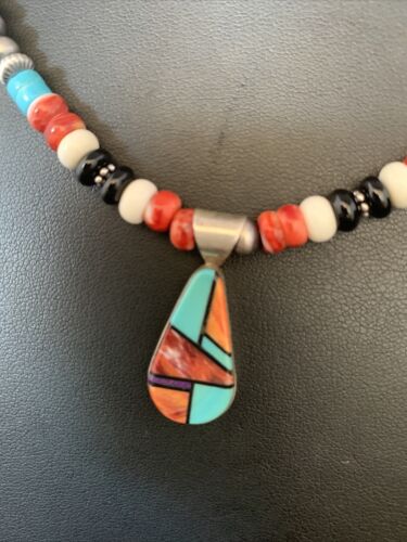 Navajo Multi-Color Turquoise Onyx Inlay Pendant Necklace | Sterling Silver | Authentic Native American Handmade | 13799