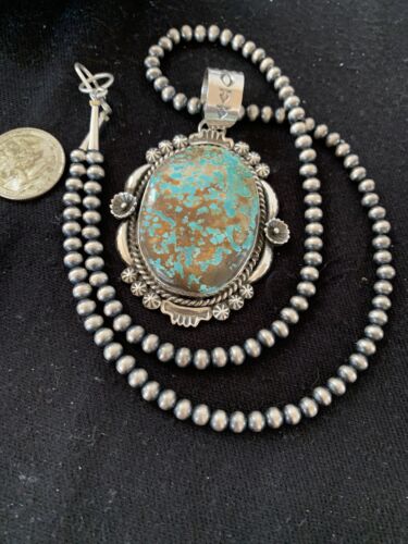 Men's Navajo Pearls Necklace Pendant | Sterling Silver | Blue Turquoise #8 | Authentic Native American Handmade | 526