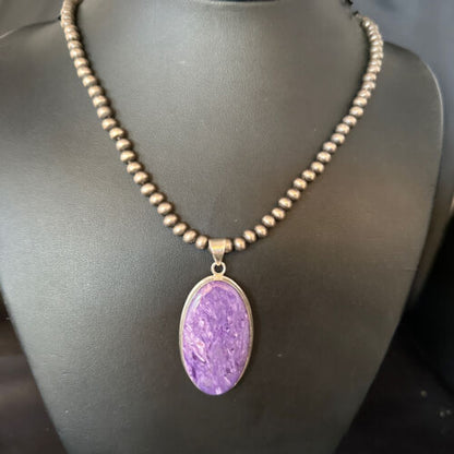 Navajo Pearls Necklace with Purple Charoite Pendant | Sterling Silver | Authentic Native American Handmade | 14464