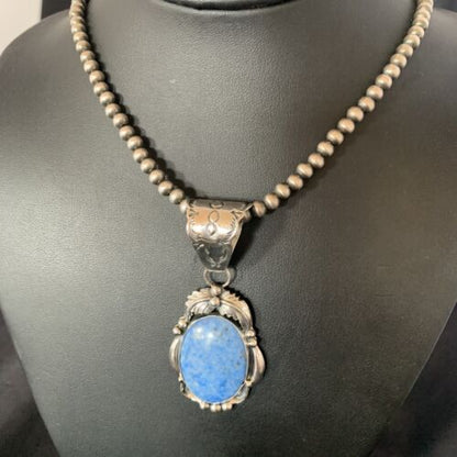 Navajo Denim Lapis Necklace with Pendant | Sterling Silver | Authentic Native American Handmade | 12437