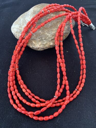 Native American Navajo 5-Strand Red Coral Necklace | Sterling Silver | Authentic Handmade | 01140