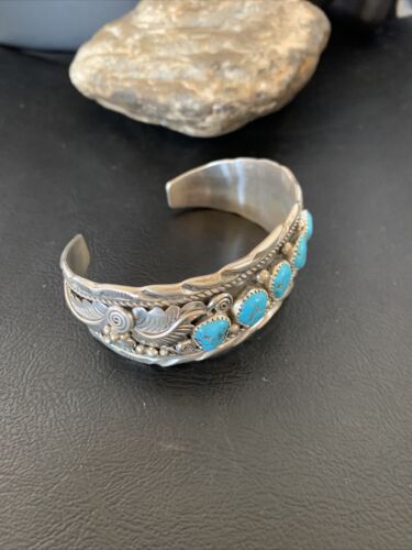 Navajo Sterling Silver Blue Kingman Turquoise Cuff Bracelet | 5 Stone | Authentic Native American Handmade | 12161
