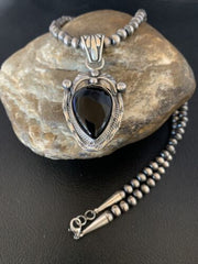 Native American Men's Navajo Pearls Necklace Pendant | Sterling Silver Black Onyx | 13097
