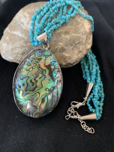 Navajo Sterling Blue Turquoise 4 Strand Necklace | Pava Shell Pendant | 19" Multi-Strand | Southwestern | 00890
