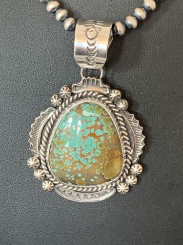 Men's Sterling Silver Turquoise #8 Pendant | Navajo Pearl Necklace | Authentic Native American Handmade | 207