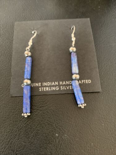 Navajo Denim Lapis Lazuli Bead Dangle Drop Earrings | Sterling Silver | Authentic Native American Handmade | 13040