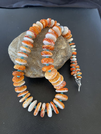 Authentic Native American Navajo Turquoise & Orange Spiny Oyster Necklace | Sterling Silver | Graduated | 22" | 10588