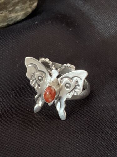Navajo Red Spiny Oyster Butterfly Ring | Sterling Silver | Adj Sz 7 | Authentic Native American Handmade | 10678