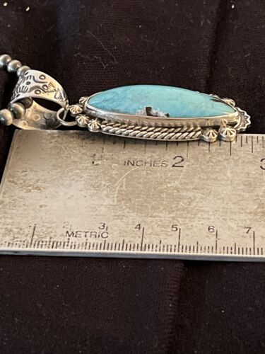 Men's Blue Kingman Turquoise Pendant | Navajo Pearls Sterling Silver Necklace | Authentic Native American Handmade | 01071