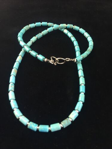 Native American Blue Turquoise Tube Necklace | Sterling Silver | 20" | 10009 - Masha USA