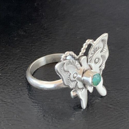 Navajo Blue Turquoise Butterfly Ring | Sterling Silver | Sz Adj 8 | Authentic Native American Handmade | 10340