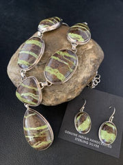 Navajo Green Gaspeite Necklace Choker Earrings Set | Sterling Silver Pendant | 19" | Authentic Native American Handmade | 13793