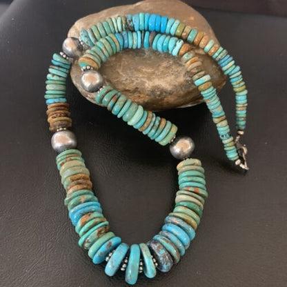 Navajo Blue Green Turquoise Necklace | Sterling Silver | Authentic Native American | 22" | Graduated | 11899